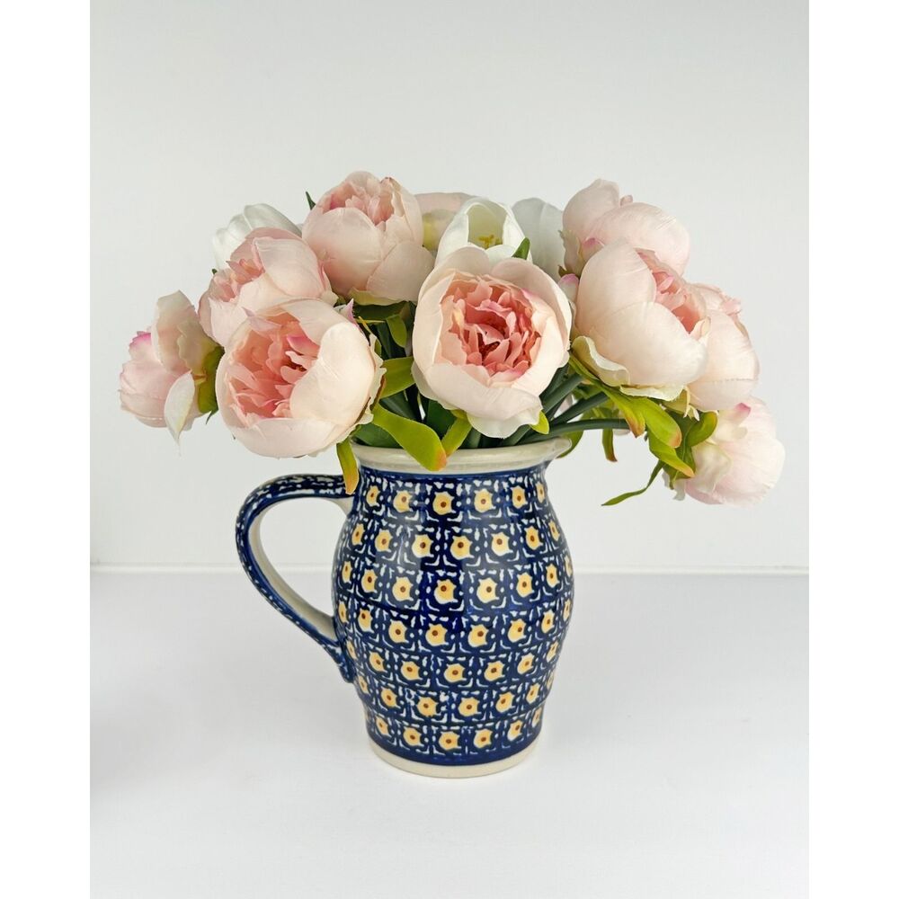 Boleslawiec Polish Pottery Pitcher 7" Blue Yellow Floral Handmade Stoneware
